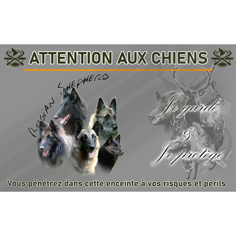 Plaque attention au chien berger belge, fond chasse