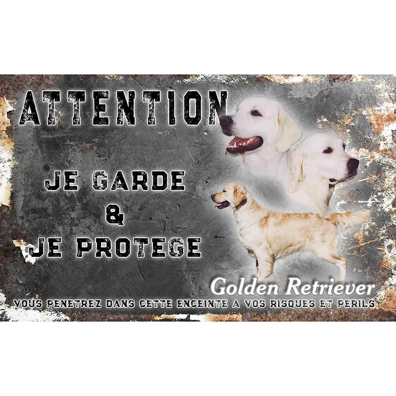 Plaque attention au chien golden retriever, fond vintage
