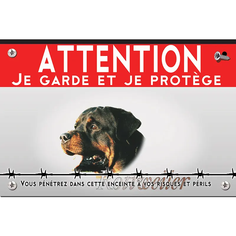 Plaque attention au chien rottweiler, fond barbelé