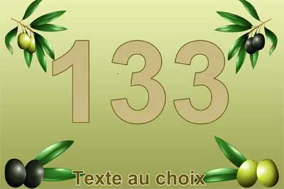 Plaque numéro de maison provençale aux olives noires et vertes, chiffre sable