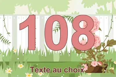 Plaque numéro de maison motif jardin et palissade blanche, chiffre rose