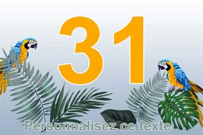 Plaque numéro de maison aux perroquets ara et feuillage tropical, chiffre orange