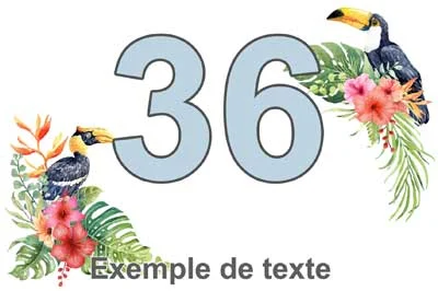 Plaque numéro de maison au toucan et fleurs tropicales, chiffre gris bleuté