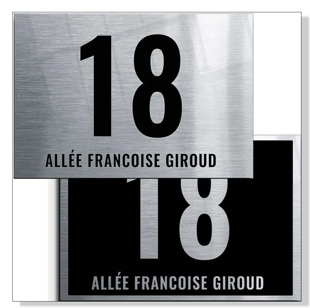 Plaque numéro de maison aluminium brossé, style Nature et style Pochoir