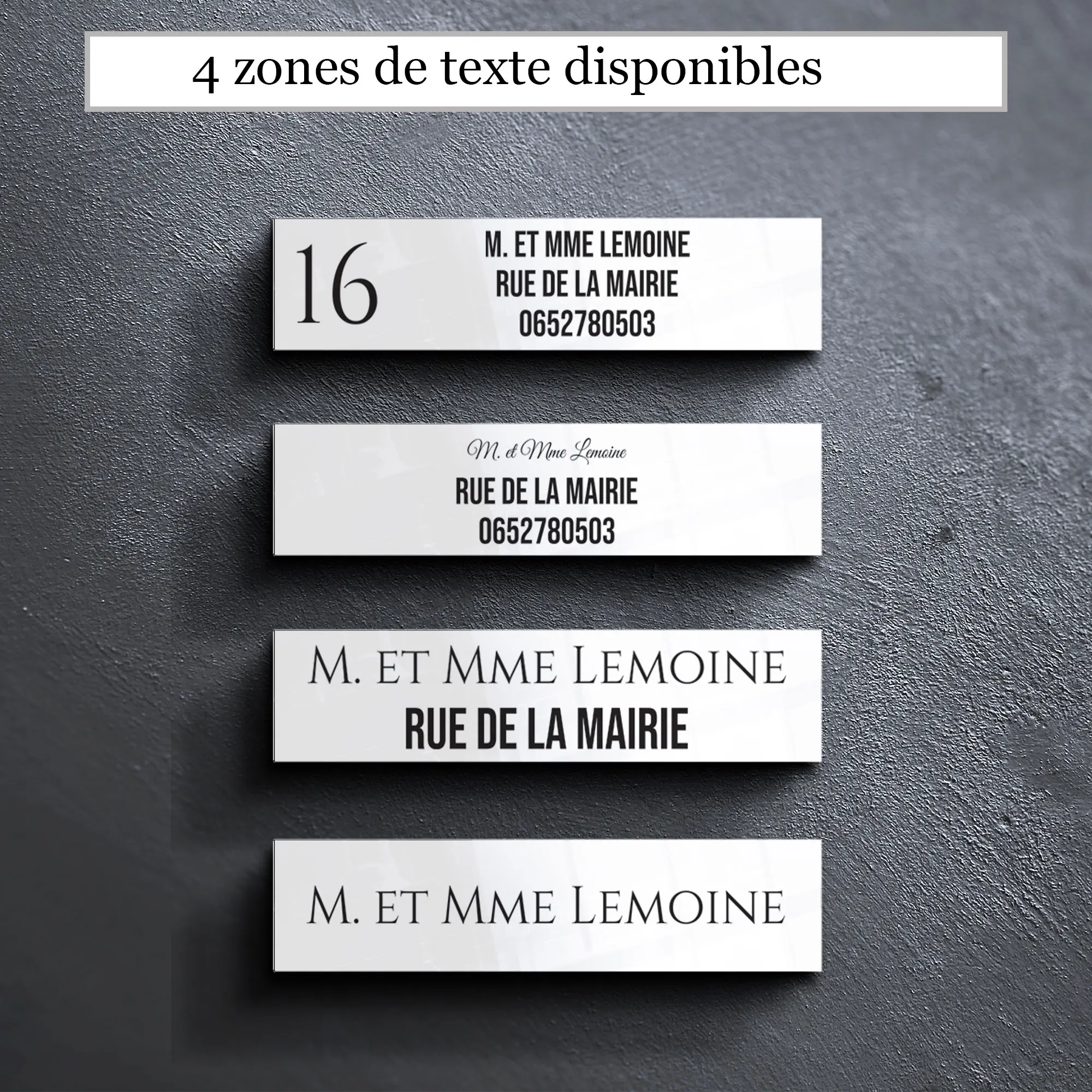 Plaque boîte aux lettres : le numéro à gauche et une à trois lignes de texte
