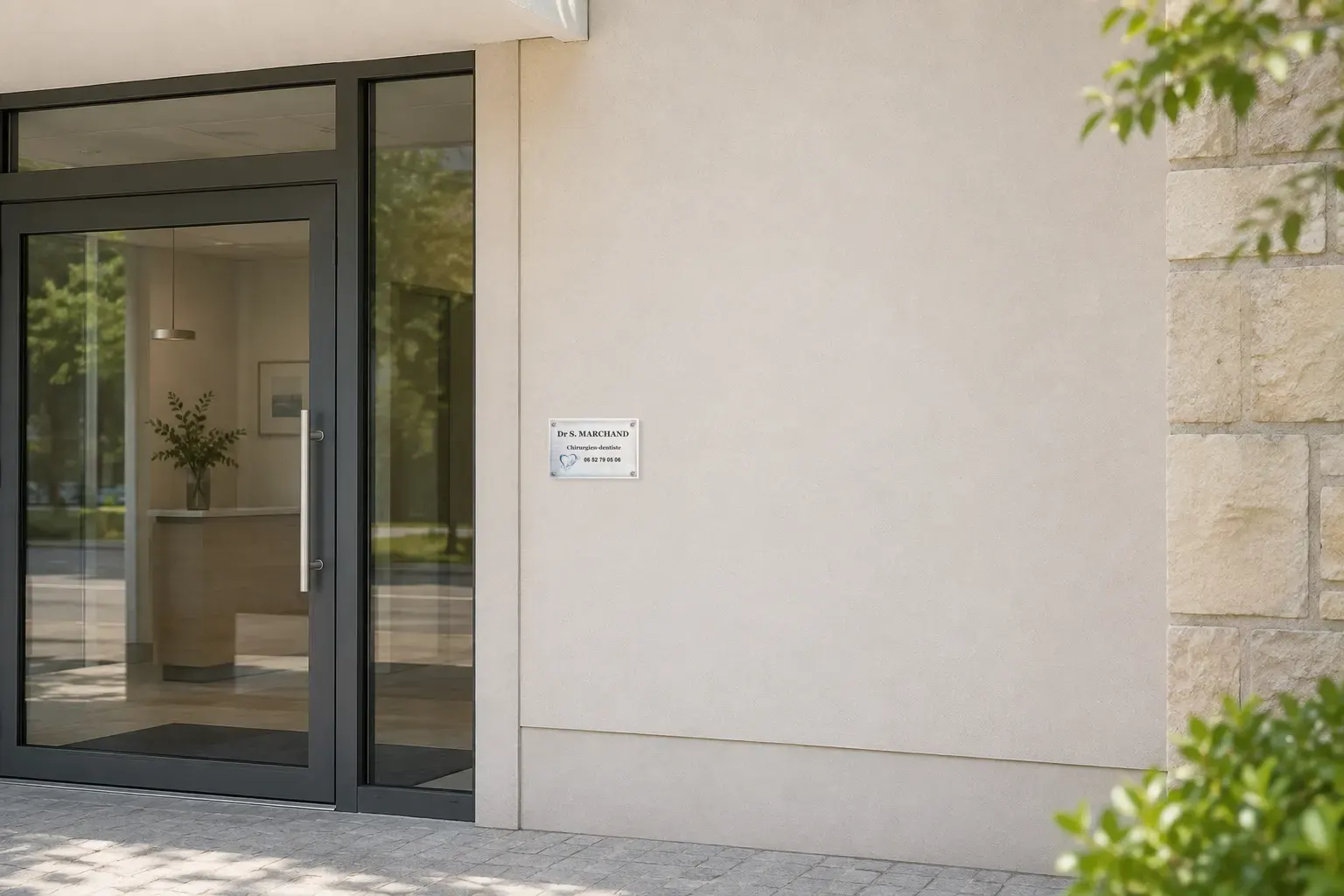 Cabinet médical vu de l’extérieur, mur nu près de la porte