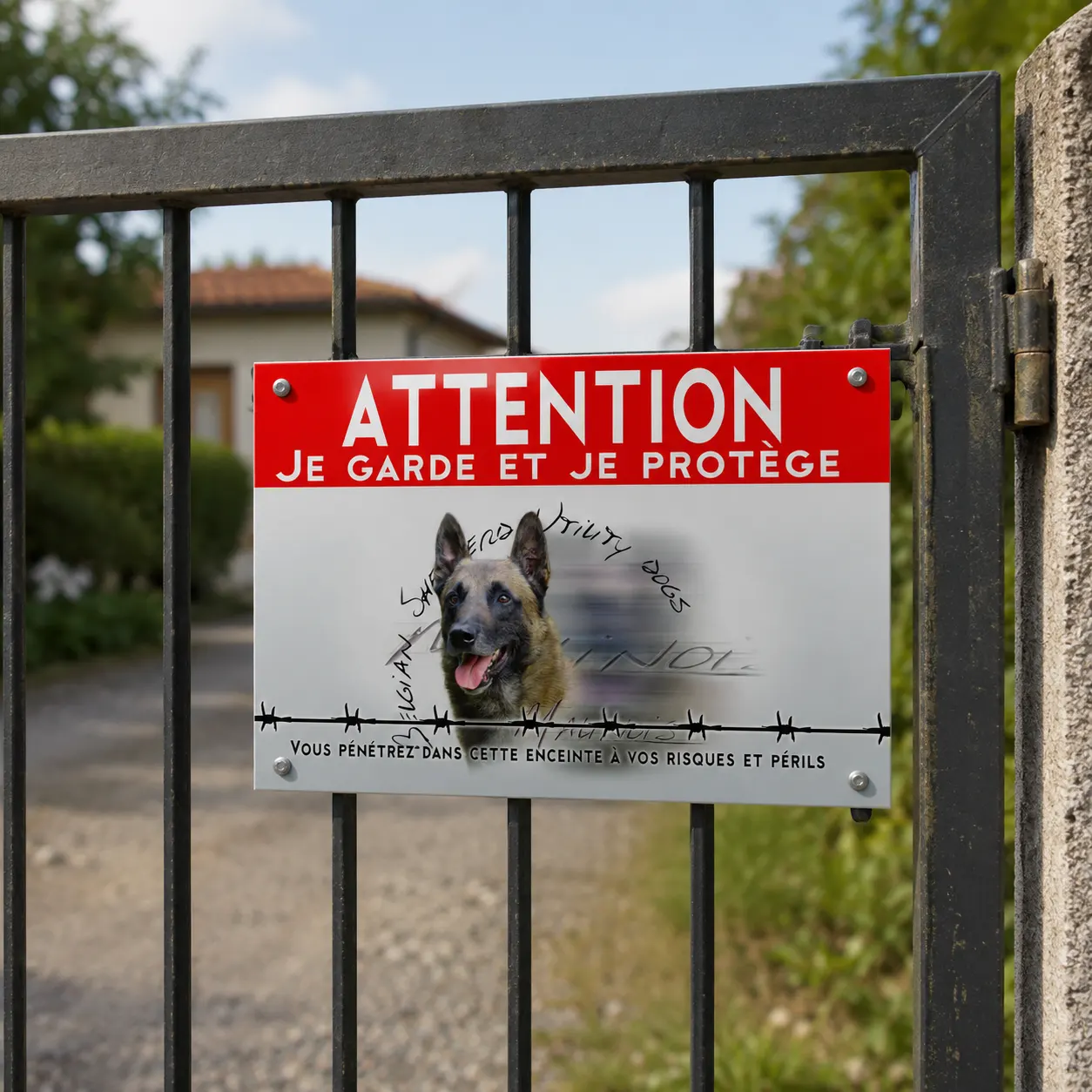 Plaque attention au chien de la gamme impact, bandeau rouge et barbelés, vissée sur un portail en fer noir