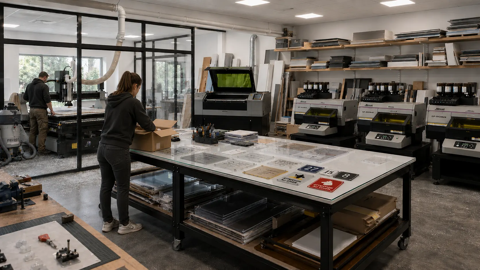 Atelier d’autocollant.fr : plaques dibond étalées sur la table de contrôle, table de découpe numérique derrière la vitre et imprimantes UV à l’arrière-plan