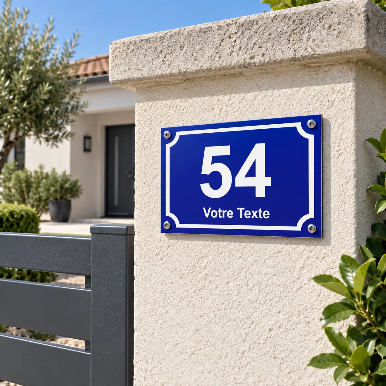 Plaque numéro de maison façon plaque de rue posée sur un pilier, vue depuis la rue